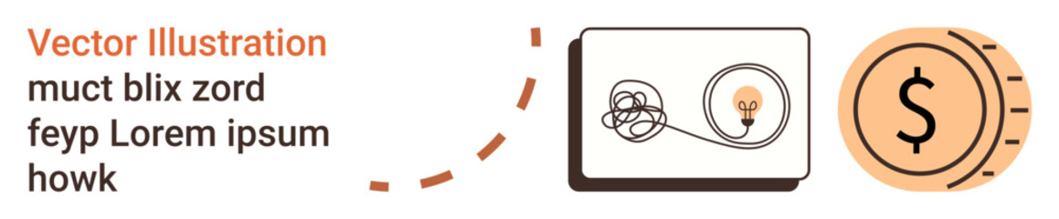 Problem-solving, creativity, financial planning, innovation, monetary solutions, business strategies. A tangled thread leads to a lightbulb and coin. Problem-solving and creativity concept © robu_s