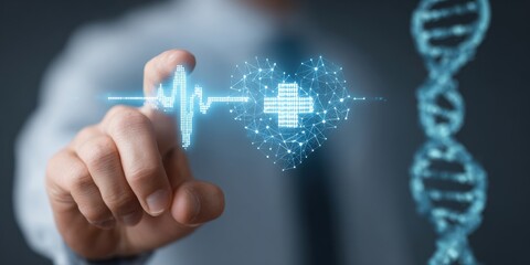 Digital Healthcare Illustration: A person's hand interacts with a futuristic digital interface, showcasing a heartbeat waveform and medical cross symbol intertwined with DNA structure.