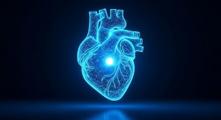 Blue glowing wireframe 3D model of a human heart representing cardiology and medical technology