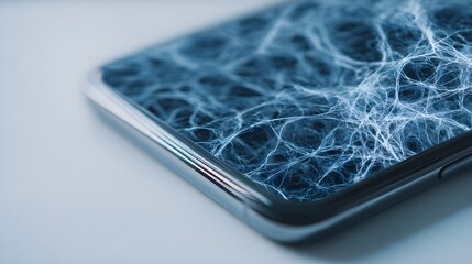 Smartphone screen displaying a vibrant blue neural network concept suggesting ai, deep learning, brain-like processing and advanced digital connections for futuristic tech innovation