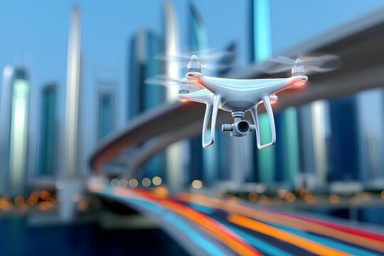 Drone flying over a vibrant cityscape with modern skyscrapers and illuminated roads, showcasing advanced technology and urban exploration in a dynamic environment - Powered by Adobe