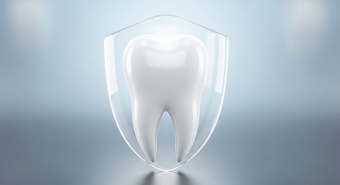 Strong white tooth protected by a transparent glass shield representing dental health and protection