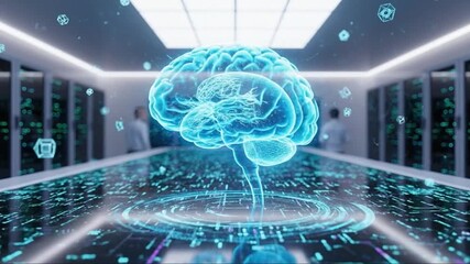 Digital Brain Hologram in Futuristic Server Room, AI and Technology Concept - Powered by Adobe