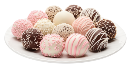Assorted chocolate cake balls with pink and white decorations on plate