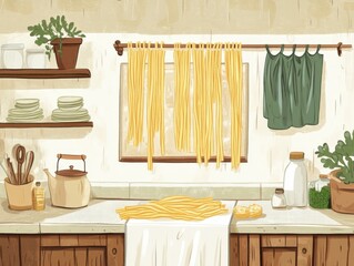Pasta preparation process cozy kitchen illustrative artwork bright environment overhead view culinary concept