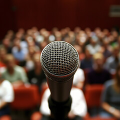 Public speaking event featuring motivational speaker conference hall image of microphone engaging audience close-up perspective inspiring communication