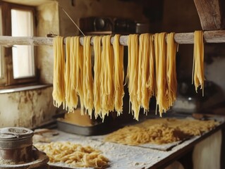 Handmade pasta drying in traditional kitchen italy food photography rustic environment close-up view culinary art