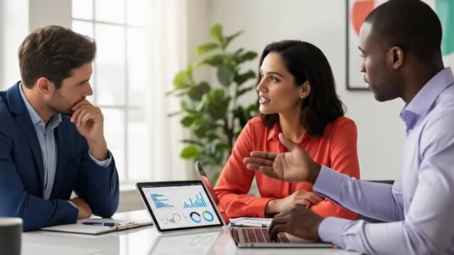 Three diverse business people work together at desk, reviewing charts on tablet and laptop, representing collaboration, progress, diversity, teamwork