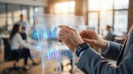 Businessman analyzing data on transparent screen
