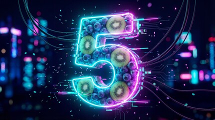 Number five, formed by blueberries and kiwi slices, is illuminated by vibrant neon lights, showcasing a dynamic interplay of nature and technology in a cyberpunk city setting