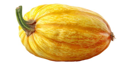 Vibrant yellow and orange pumpkin with green stem on black background