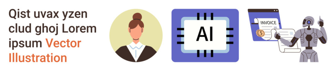 Artificial intelligence, automation, finance, digital economy, human collaboration, robotics. A businesswoman, AI chip invoice system and robot. Artificial intelligence and automation concepts