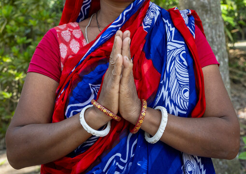 Portrait of an hindu woman with hands joined, Khulna Division, Narail Sadar, Bangladesh