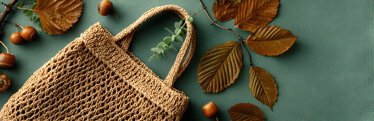 Autumn composition. Straw bag with autumn dried leaves on green background. Flat lay. Top view. Copy space. Fall season concept. Sustainable lifestyle. Zero waste, plastic free concept.