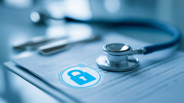Medical data privacy concept, secure patient records, digital lock icon, clean professional healthcare design