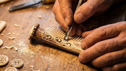 Artisan hands skillfully carving intricate designs into a decorative antler comb using a specialized tool, showcasing dedication to traditional craftsmanship and meticulous detail