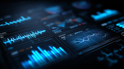 Medical data analysis concept, glowing charts, patient data visualization, healthcare analytics dashboard, dark background, neon blue highlights, ultra sharp
