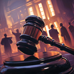 Courtroom justice a dramatic legal encounter urban setting illustration evening atmosphere dynamic perspective justice and law themes