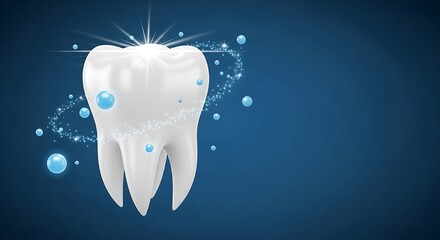 Healthy White Tooth Illustration with Sparkles and Protective Blue Bubbles Representing Professional Dental Care