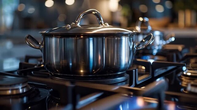 A shiny saucepan on a gas stove creates a cosy kitchen atmosphere, suitable for the background of cooking blogs or advertisements for household appliances.
