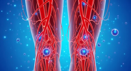 Human Leg Anatomy Showing Blood Vessels and Veins with Blue Glowing Particles Representing Healthy Circulation