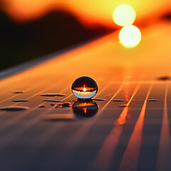 Sunset reflection on droplet natural landscape macro photography serene environment close-up view nature's beauty