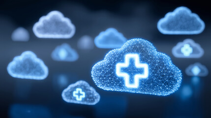 Medical cloud computing concept, healthcare data storage network, glowing cloud icons, secure digital infrastructure, blue futuristic background