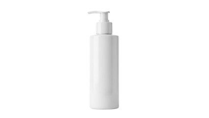 White plastic bottle with dispenser isolated PNG, blank container for cosmetic product on transparent background, mockup for lotion or liquid soap