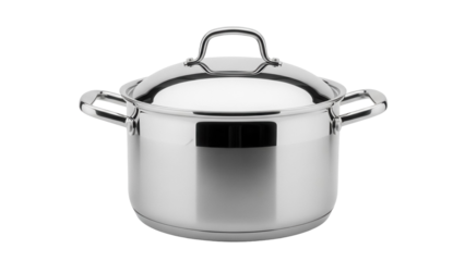 Stainless steel cooking pot with lid isolated PNG, kitchenware for cooking and food preparation on transparent background
