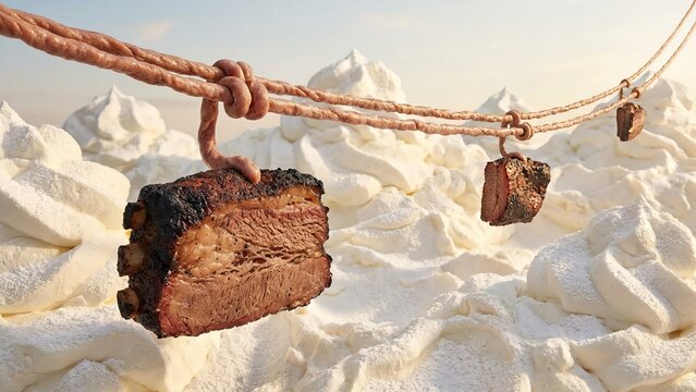 Barbecued ribs hanging on ropes above a dreamlike landscape of fluffy whipped cream peaks dusted with sugar, creating a bizarre and imaginative food art scene