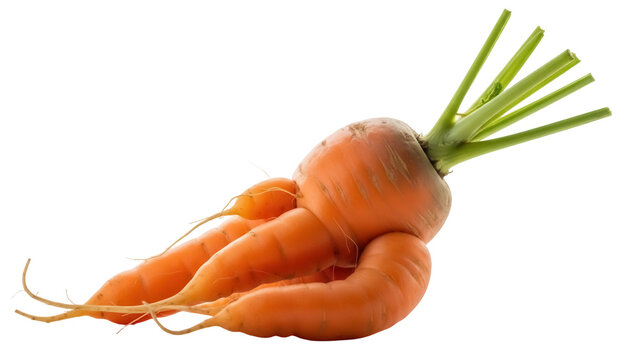 Deformed orange carrot with green stems isolated PNG, unusual vegetable for healthy eating and organic food concepts
