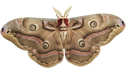 Giant silkworm moth isolated PNG on transparent background, brown and beige moth with eye spots, insect for design and educational use