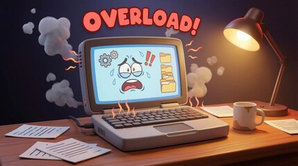 Overheated cartoon laptop with a sweating face on the screen and smoke rising, illustrating technology burnout and overwhelming digital work demands on an office desk