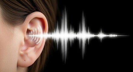 Human Ear with Digital Sound Wave Frequency Symbol Representing Hearing and Audio Technology Concept