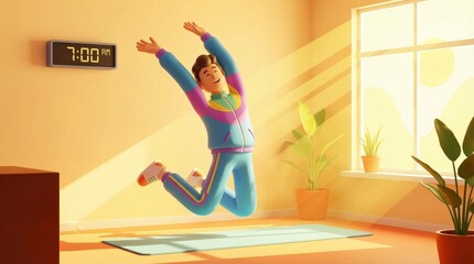Cartoon man starting the day with morning exercise, jumping with energy in a sunny living room, embracing a healthy lifestyle and active routine for vitality and wellness