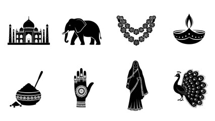 Collection of iconic Indian cultural symbols including the Taj Mahal, elephant, peacock, and traditional attire.