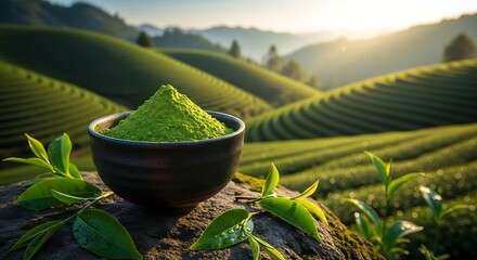 Ceramic Bowl of Matcha Green Tea Powder on a Rock with Green Leaves and Terraced Tea Plantations in Background
