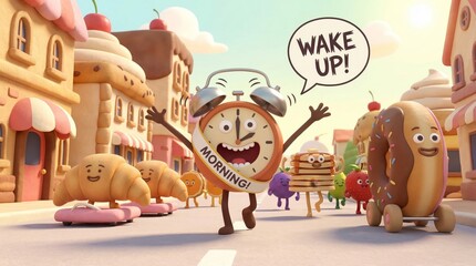 Happy alarm clock character leading a parade of breakfast food characters, including croissants, pancakes, and a donut, proclaiming wake up! on a sweet, cartoon street