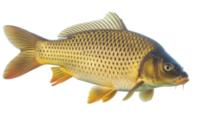 Golden carp fish isolated PNG on transparent background, freshwater species with scales and barbels for aquaculture and fishing