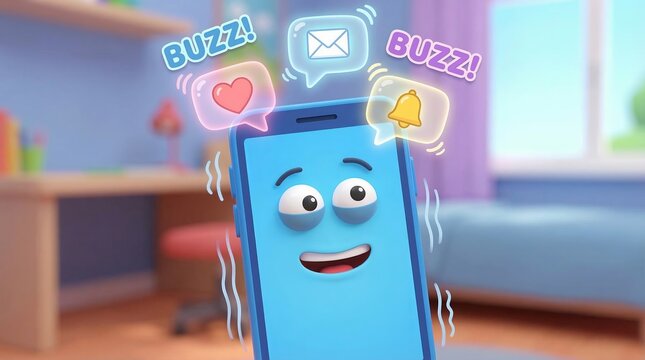 Blue cartoon smartphone character receiving multiple vibrating social media notifications, showing concepts of digital communication, mobile technology, and online interaction in a modern world - Powered by Adobe
