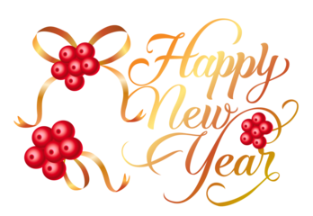 A festive and elegant "happy new year" greeting with gold ribbons and red berries on a black background