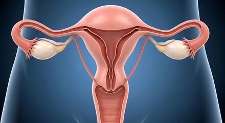 Anatomical Model of the Female Reproductive System Showing Uterus Ovaries and Fallopian Tubes on Blue Background