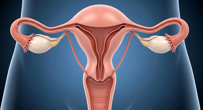 Anatomical Model of the Female Reproductive System Showing Uterus Ovaries and Fallopian Tubes on Blue Background