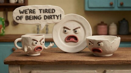 Claymation cup, plate, and bowl with angry faces on a kitchen counter, complaining in a speech bubble about being dirty and piled up after cooking and eating