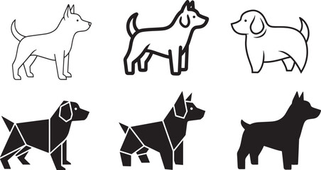 Dog icon set in outline rounded geometric and silhouette styles suitable for pet care branding veterinary services animal apps and friendly mascot designs