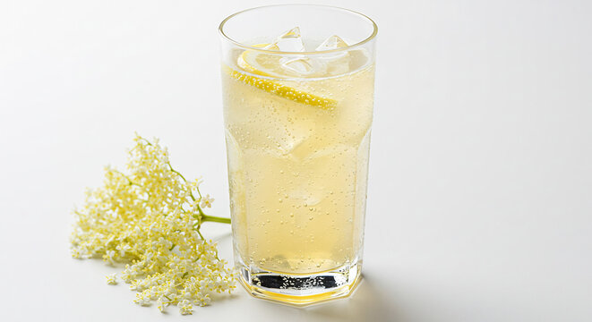 D�licieux verre de boisson fra�che au citron avec gla�ons et fleurs de sureau pour une sensation estivale pure et rafra�chissante. AI Generated