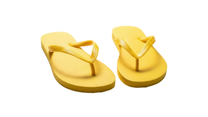 Pair of yellow flip flops PNG isolated on transparent background, summer footwear for beach vacation and casual wear