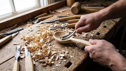 Artisan hands carving a wooden spoon bowl with a gouge on a rustic workbench, producing curls of wood shavings amid chisels and mallet in a traditional woodworking studio