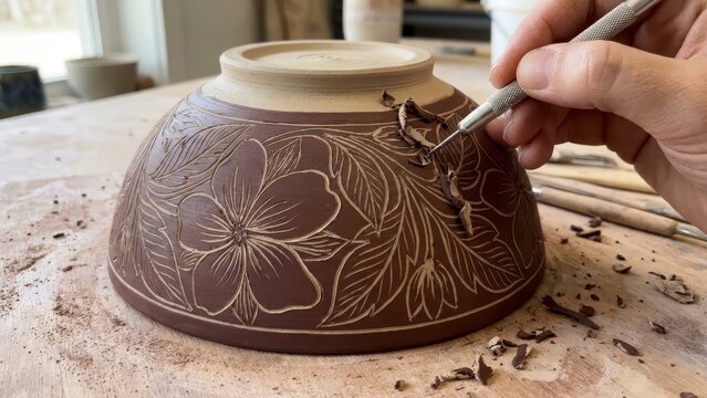 Artist's hand carving an intricate sgraffito floral pattern on an unfired clay bowl, revealing lighter clay beneath dark slip and creating textured decorative surface in a studio