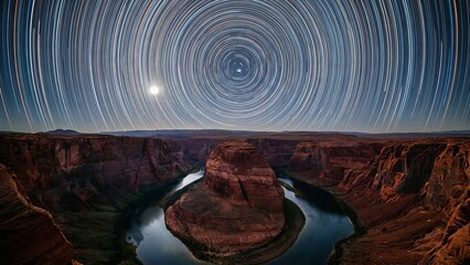 Horseshoe bend canyon landscape under a celestial star trail display, with the colorado river meandering through the ancient red rock formations illuminated by the moon